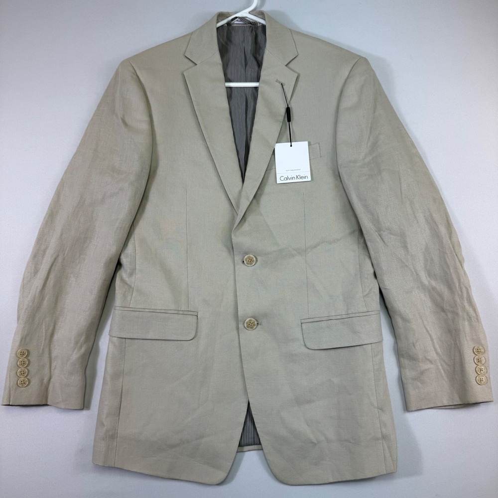 Calvin Klein Suit Jacket Mens 36R Tan 100% Linen 2-Button Professional Blazer